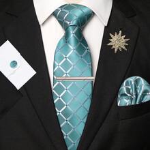 1pc/2pcs/3pcs/4pcs/5pcs Men's Water Duck Blue Plaid Silk Necktie, Patterned Satin Silk Tie, Pocket Square, Cufflinks, Silver Tie Clip And Hexagram, Airplane, Music Note, Lightning Brooch Combo Sets, Great Gift For Men, Suitable For Wedding, Business, Formal, Date, Banquet, Wedding Photo, Graduation Season And More Occasions - Teal Blue - View 3