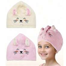 Microfiber Hair Towel For Kids- Soft Super Absorbent Rapid Drying Hair Towel Wrap Turban For Girls With 2 Buttons- Anti-Frizz For Thicker Curly Long Hair, 2 Packs, Kitty