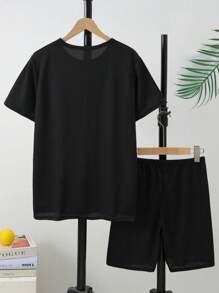 طقم ملابس رياضية لصبي المراهق مكون من 2 قطعة: ملابس علوية تي شيرت بأكمام قصيرة وشورت للركض