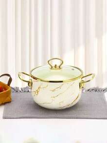 1pc Vintage Enamel Seafood Pot, Soup Pot, Stew Pot, Premium Enamel Soup Pot, Enamel Soup Pot, Marble Pattern Enamel Pot, Black & White Pattern Glass Lid Pot, Enamel Bowl, Suitable For Induction Cooktop & Gas Stove, Large Capacity Premium Household Soup Pot, Stew Pot, Milk Pot, Non-Stick For Induction Cooktop & Gas Stove