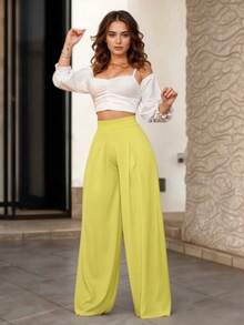 Pantalón Holgado Elegante con Corte Tipo Campana sin Bolsas para Mujer - Amarillo - Ver 3