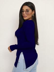 Women's Ribbed Blouse Simple Casual Elegant Split Asymmetric Fall/Winter - Navy Blue - View 2