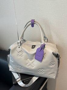 1 Pc Fashionable And Cool Multifunctional Large Capacity Solid Color PU Leather Embossed Soft And Thick Padded Travel Bag With Contrasting Color Boarding Pass Pendant Design Suitable For Both Men And Women For Leisure Vacation&Business Trip And Returning To School