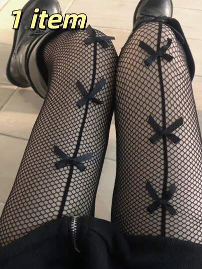 Women's Black Sexy Hollow Bowknot Stockings, Fishnet Tights With Line Pattern, Goth Dark Chic Style Pantyhose