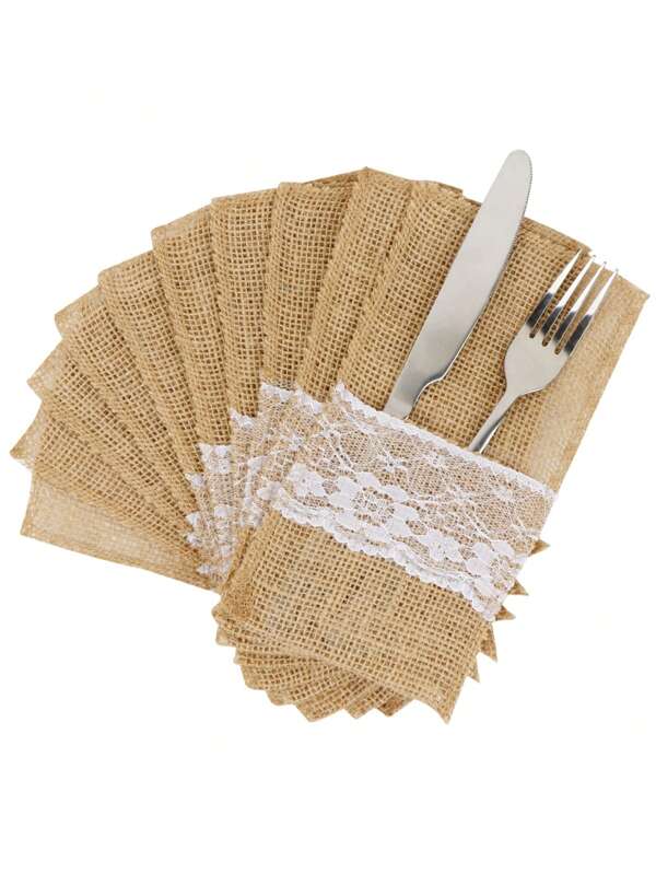 10/20/50 Pcs/Set Linen Cutlery Bags, Linen Knife Fork Bags With Lace, Lace Utensil Holder Bags, Cutlery Napkin Silverware Bags, Christmas Silverware Holders, Wedding Table Decoration, Wedding Decorations, 21*11cm