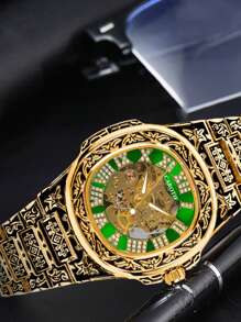 1 pièce Montre-bracelet mécanique avec cadran squelette en acier inoxydable pour homme, design lumineux vert, mode et