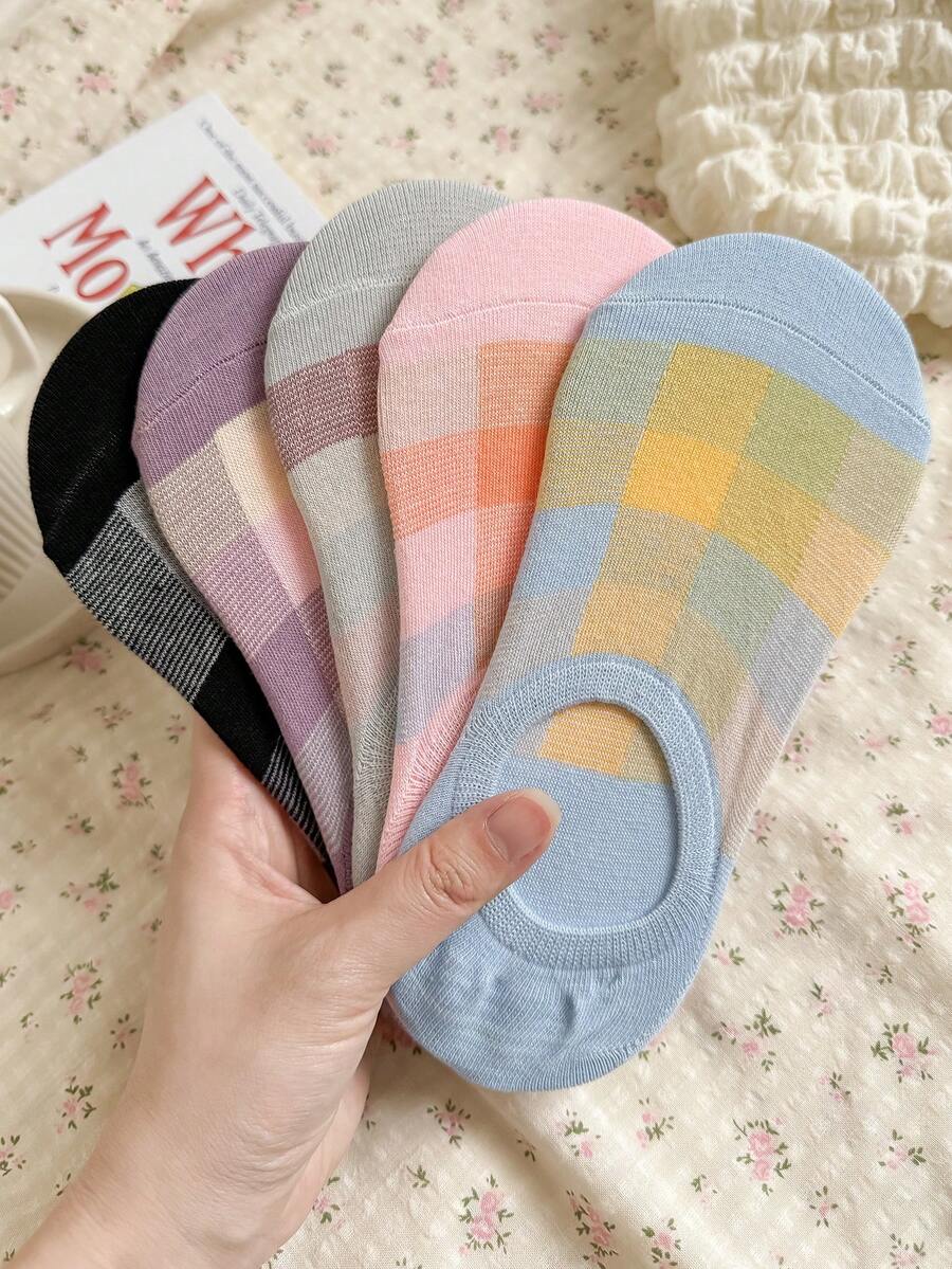 5 Pairs Lightweight Retro Plaid Socks For Women & Men, Fashionable Ankle-Length Socks, No Show Socks, Versatile For Casual Wear, Summer - Multicolor - View 1