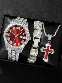 3 PIÈCES/SET Mode HIPHOP Luxe strass Bande d'Acier Calendrier Échelle Romaine Montre à Quartz Homme Avec Ensemble Bracelet strass. Collier Pendentif Croix Zircone Titane. Ensemble Cadeau Collier Bracelet Montre pour Soirées, Fêtes, Clubs Noctunes Décoration Bijoux Accessoires