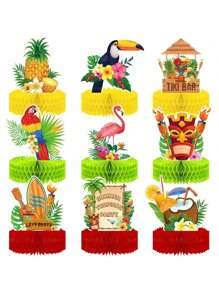 1 Set Of 9pcs Hawaiian Honeycomb Decor Flamingo Party Supplies, Honeycomb Stand, Summer Honeycomb Balls, Tabletop Decoration
