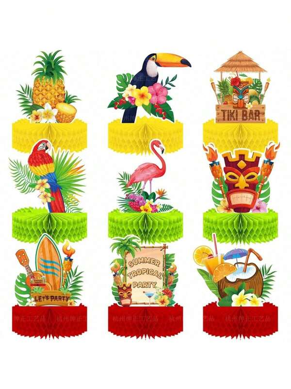 1 Set Of 9pcs Hawaiian Honeycomb Decor Flamingo Party Supplies, Honeycomb Stand, Summer Honeycomb Balls, Tabletop Decoration