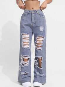 1 pieza pantalon de mezclilla  mom jeans,rigido ,escanpanado con rotos para mujer. - Azul - Ver 2