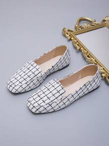 Women's Square Toe Low Heel Black & White Plaid Ballet Flats, Slip-On Comfortable Loafers, Casual, Spring/Summer Daily Wear, Office Commute, Random Black & White Pattern