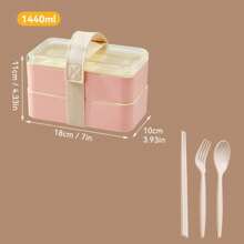 1pc 1440ML Double-Layer Plastic Bento Box With Cutlery Set & Lunch Bag & Sauce Box, Portable Square Lunch Box With Compartments, Leak Proof Fruit Salad Food Storage Container, Dishwasher & Microwave Allowable Lunch Container, Suitable For Student And Adult Use In Home, School, Dorm, Office, Outdoor Camping, Picnic, Travel, Back To School