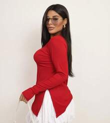 Women's Ribbed Blouse Simple Casual Elegant Split Asymmetric Fall/Winter - Redwood - View 2