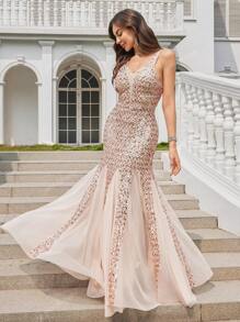 yanchunxier 1pc Elegant Sexy V-Neck Backless Sequin Embroidery Mesh Insert Fishtail Hem Knitted Bodycon Dress, Suitable For Wedding, Party, Formal Event, Graduation, Fall Women Attire