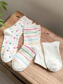 3 双彩色圆点多巴胺设计中筒袜，甜美可爱女孩新奇袜子，秋季 - 彩色 - 查看 2