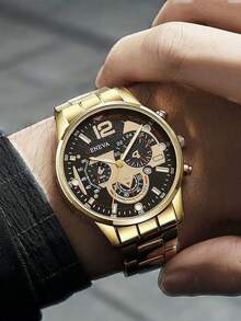 5 件套男士石英表套装，简约风格，圆形合金表壳，商务合金表带，优雅礼品套装