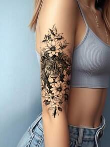 4 fogli di tatuaggi temporanei neri con disegni di uccelli, delfini, leoni e fiori, ideali per decorazione del corpo, trucco pazzo, campeggio, palestra, uso quotidiano su braccia, gambe, schiena, petto per uomini e donne