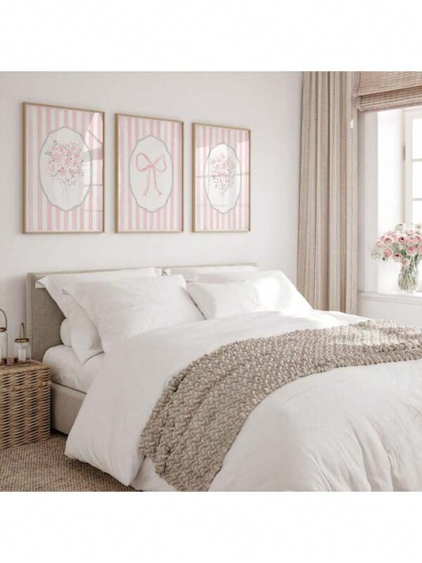 Light Pink Flower Room Decor Bow Wall Art Set Of 3 Pastel Pink Floral Striped Prints Women Room Posters Grandmillenial Canvas Painting Wall Art For Living Room Decor Optional Frame, Wall Art With Frame