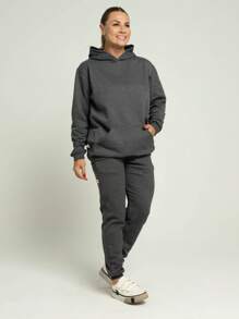 Women's Set Sweatshirt Kangaroo Hooded Pocket And Jogger Pants Cotton Flannel Plain Unisex Simple Casual Cute Pocket Drawstring