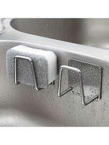 1pc Stainless Steel Sink Sponge Holder, Strong Adhesive Self-Adhesive Dry Rack, Kitchen Sink Drainage Dry Rack, Cleaning Sponge Rack Hook, Durable & Fashionable Bathroom Accessory