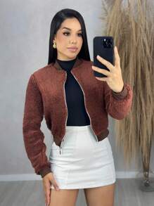 Jaqueta Teddy Pelúcia Feminina Casaco Cropped Tedy Inverno  Simples