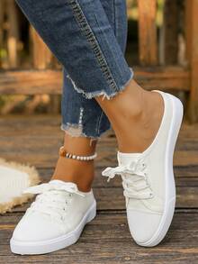 Nuevas zapatillas deportivas de lona blanca talla grande, versátiles zapatos deportivos para estudiantes, zapatos planos de moda para patineta, zapatos blancos casuales con cordones, zapatos deportivos (los zapatos son talla grande pequeños de lo normal, se sugiere pedir una talla talla grande) - Blanco - Ver 5