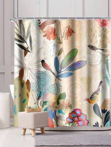 1 pieza Cortina de ducha elegante y vintage con diseño de flores y pájaros, de tela de punto de poliéster con ganchos, lavable a máquina, decoración artística para el baño, cortina de baño multifuncional, diseño vibrante de plantas y flores, accesorio artístico para el baño | Patrón floral clásico | Cortina de baño duradera - Multicolor - Ver 6