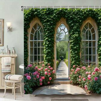 1pc Arch Garden Print Bathroom Shower Curtain - Country Home And Bathroom Decor, Polyester Material, Contains 12 Hooks, Machine Washable And Hand Washable, Suitable For All Seasons