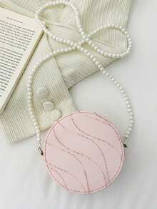 Round Mini Bag, Minimalist Girls Shoulder Bag With Faux Pearl Chain, Versatile - Pink - View 3