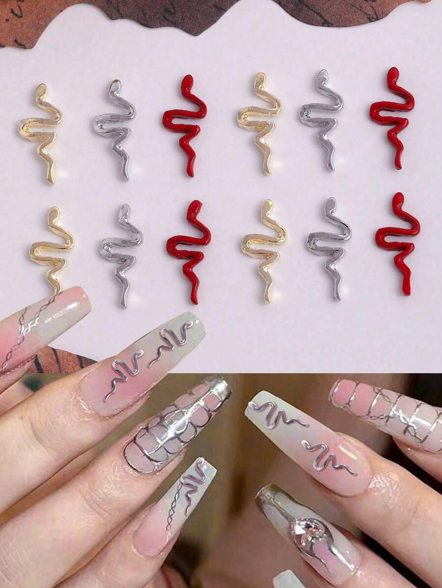 10 件蛇形美甲饰品深色系列简约蛇形美甲宝石，个性化合金美甲用品 3D 仿真蛇形美甲红银金色美甲装饰，适用于美甲沙龙和个人使用银色美甲饰品 - 彩色 - 查看 1