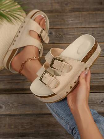 Sandalias de plataforma beige con suela gruesa para mujer, diseño con hebilla, slip-on, chanclas de playa, sandalias de cuña de verano con plataforma gruesa y punta abierta