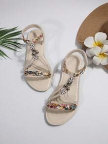 Women's Fashion Roman Style Sandals - Floral Button Design, White Base With Colorful Petal Pattern, Round Toe Flat Heel, Suitable For Summer Casual Wear, Comfortable | Decorative Sandals | Rubber Sole Flip-Flops, With Elastic Strap