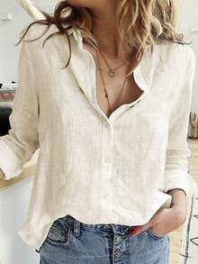 Solid Color Button Up Shirt, Elegant Long Sleeve Collared Blouse - Apricot - View 3