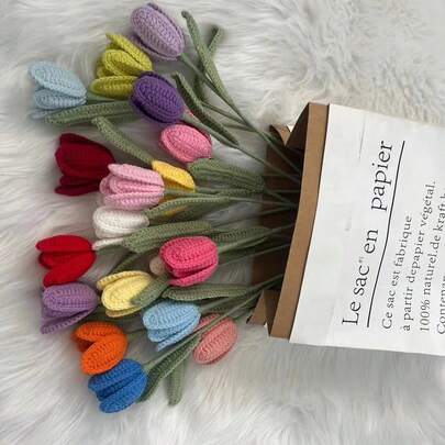 5pcs Finished Tulip Crochet Flower Bouquet, Handmade Knitted Tulip Flowers Decorative Gifts, Valentine's Day Tulip Lucky Bouquet