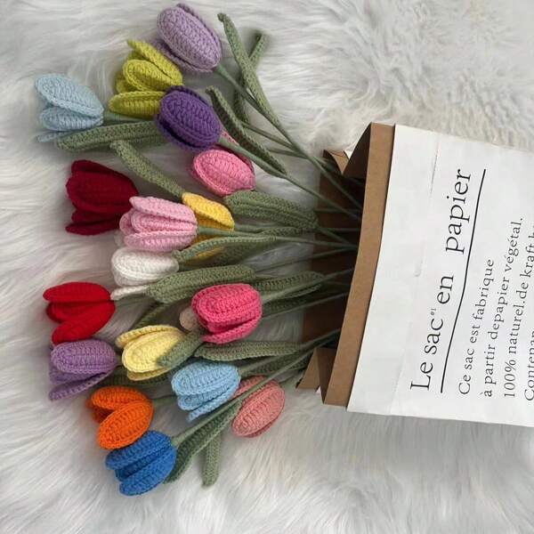 5pcs Finished Tulip Crochet Flower Bouquet, Handmade Knitted Tulip Flowers Decorative Gifts, Valentine's Day Tulip Lucky Bouquet