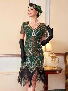 1920s Flapper Dresses For Women, Great Gatsby Dresses With Sleeve Roaring 20s Dress For Harlem Nights, Party Dress, For Cocktail - Green - View 7