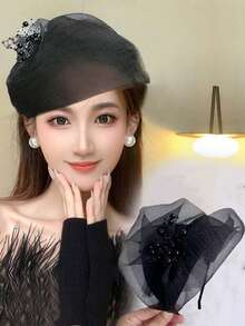 topshiny 1 件优雅半面纱头带，带复古珍珠串珠网眼装饰，时尚发饰，适合女士和女孩、派对和宴会、发带、发箍头带 - 彩色 - 查看 9