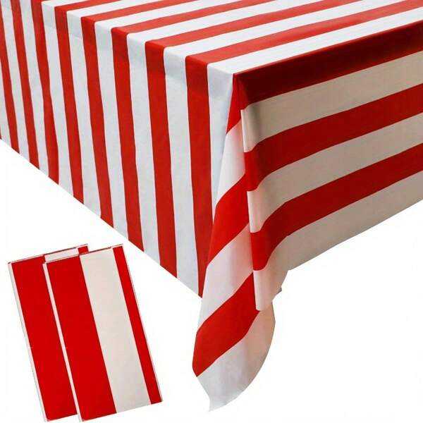 Red & White Striped Disposable Plastic Rectangular Tablecloth, 54*108 Inches, Suitable For Holiday Carnival, Circus Party, Picnic Decor