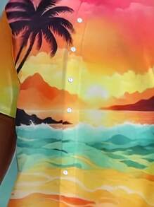 1 Set Plus Size Men's Tropical Print Collared Shirt And Shorts Set, Casual Beach Outfit
