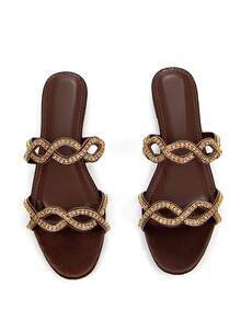 Women's Glamorous Thin Strap Crystal Chain Cross Hollow Out Decor Chocolate Brown Chiffon Material Fashionable Round Toe Comfortable Daily Party Flat Mule Sandals,Spring Summer Outfits - Chocolate Brown - View 1