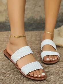 New Flat Sandals, Simple & Fashion Dual Braided Strap Design Casual Flat Sandals, Casual Vacation Style, Spring/Summer Everyday Wear, Classic Black, Pure White, Warm Brown - White - View 4