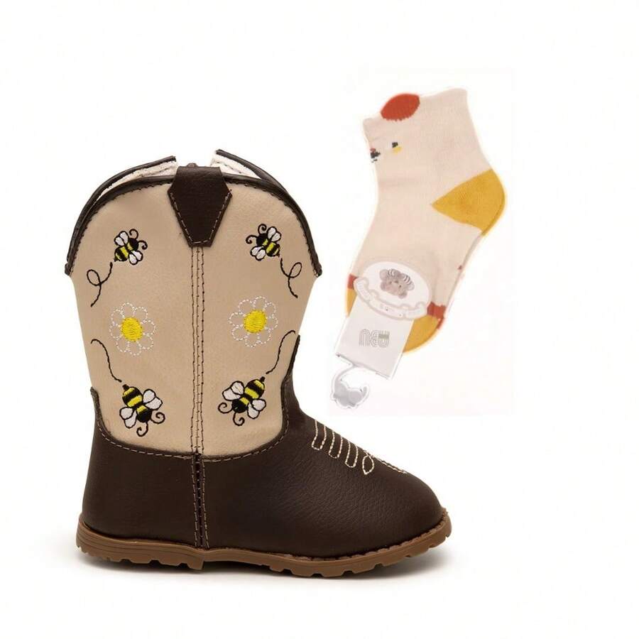 Baby Texan Booties Cheap Soft Comfortable Children's Shoes + 01 Pair Of Cotton Socks Ubuntu Baby Promotion - 芥末黃 - 查看 1