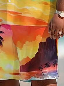 1 Set Plus Size Men's Tropical Print Collared Shirt And Shorts Set, Casual Beach Outfit