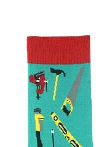 1 Pair Of Men's Tool Pattern Tube Socks, - Multicolor - View 3