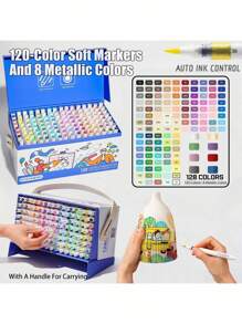 Juego de 128 colores de rotuladores acrílicos de brocha suave a base de líquido con estuche de regalo - Rotuladores de colores profesionales para dibujo y pintura para estudiantes y artistas, incluye 120 rotuladores acrílicos + 8 bolígrafos de tinta metálica y perlada, resistentes al agua y a la decoloración para manualidades, colorear en rocas, madera, vidrio, cerámica y talla grande. Juego de regalo perfecto para amigos como útiles escolares y materiales artísticos.