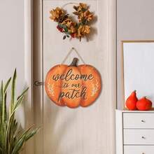 1 pièce Panneau de porte décoratif en forme de citrouille d'automne rustique. Bienvenue dans notre parcelle de citrouilles, panneau en bois à suspendre pour la porte. Décoration murale pour fête d'Action de grâce. Plaque à accrocher pour la porte d'entrée, décorations d'automne pour l'intérieur et l'extérieur - Multicolore - Voir 4