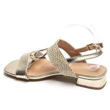 Block Heel Sandals With Woven Strap And Decorative Buckle - Gold 3879 - View 5