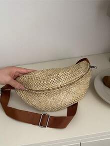 时尚编织女士手提包，镂空斜挎包，百搭女士编织腰包，适合海滩、运动和度假的休闲胸包，可容纳智能手机