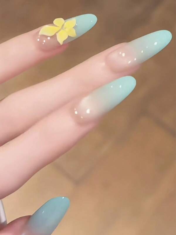 10 Stück Insel Strand Urlaub inspirierte mintgrüne Echeveria Harz extra lange luxuriöse handgefertigte Nagelspitzen mit feuchtigkeitsspendender Opal Katzenaugen-Effekt Aufklebe-Nägel Nagelbedarf